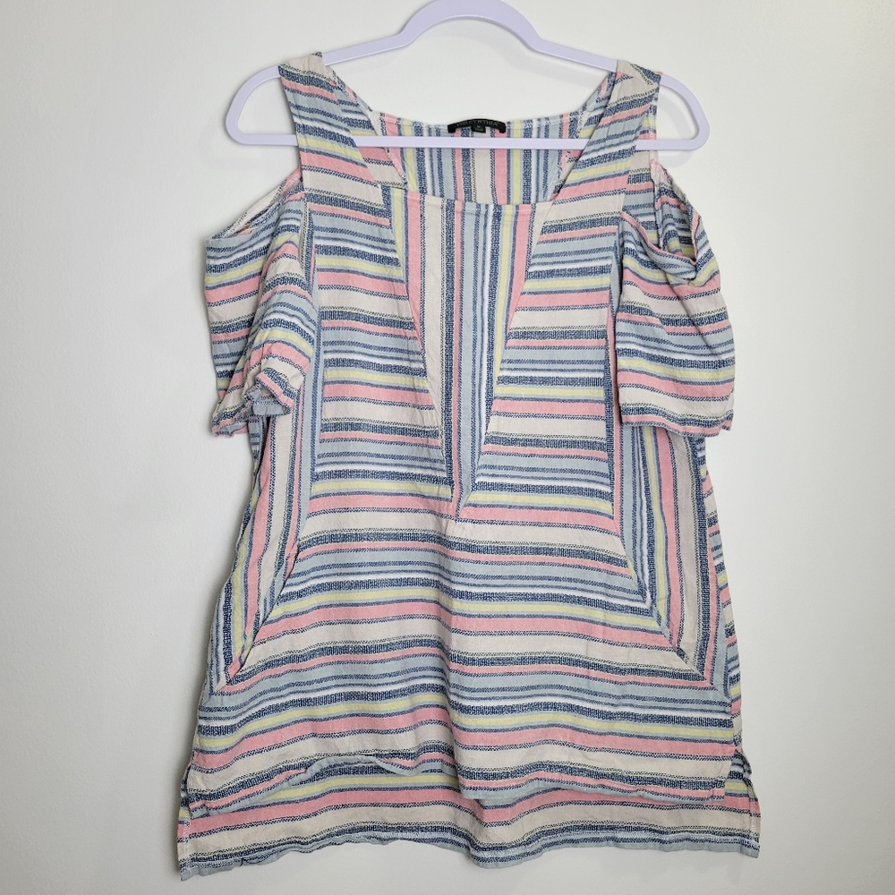 For Cynthia Multi Color Striped Linen Blend Boho‎ Cold Shoulder Tunic Top M